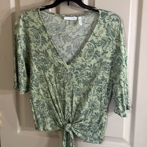 LUQ  dolman sleeve top with ties green on green paisley print  in EUC